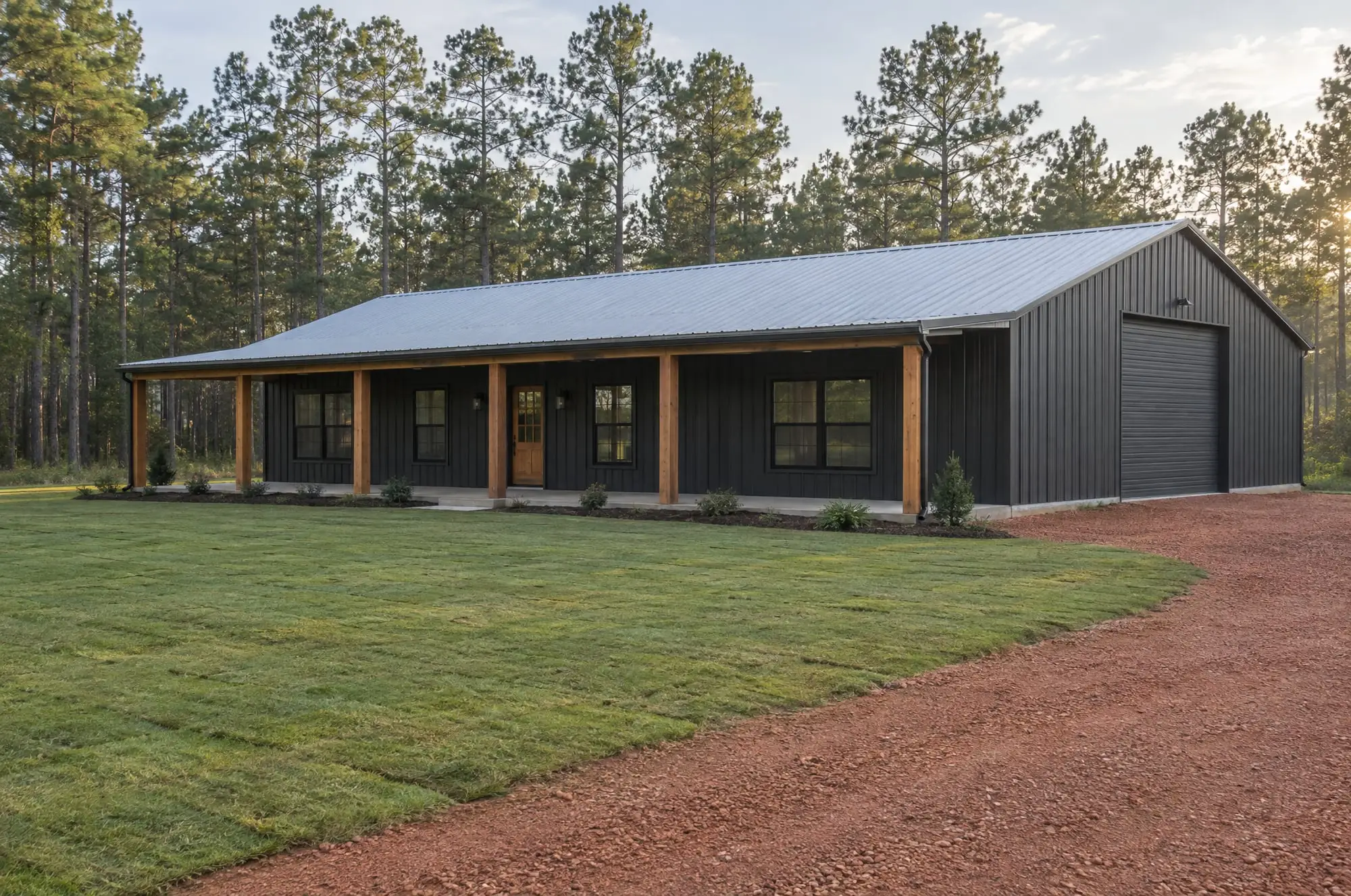 A black steel barndominium with a cedar-post porch and a roll-up shop door, on a red clay drive in the pines