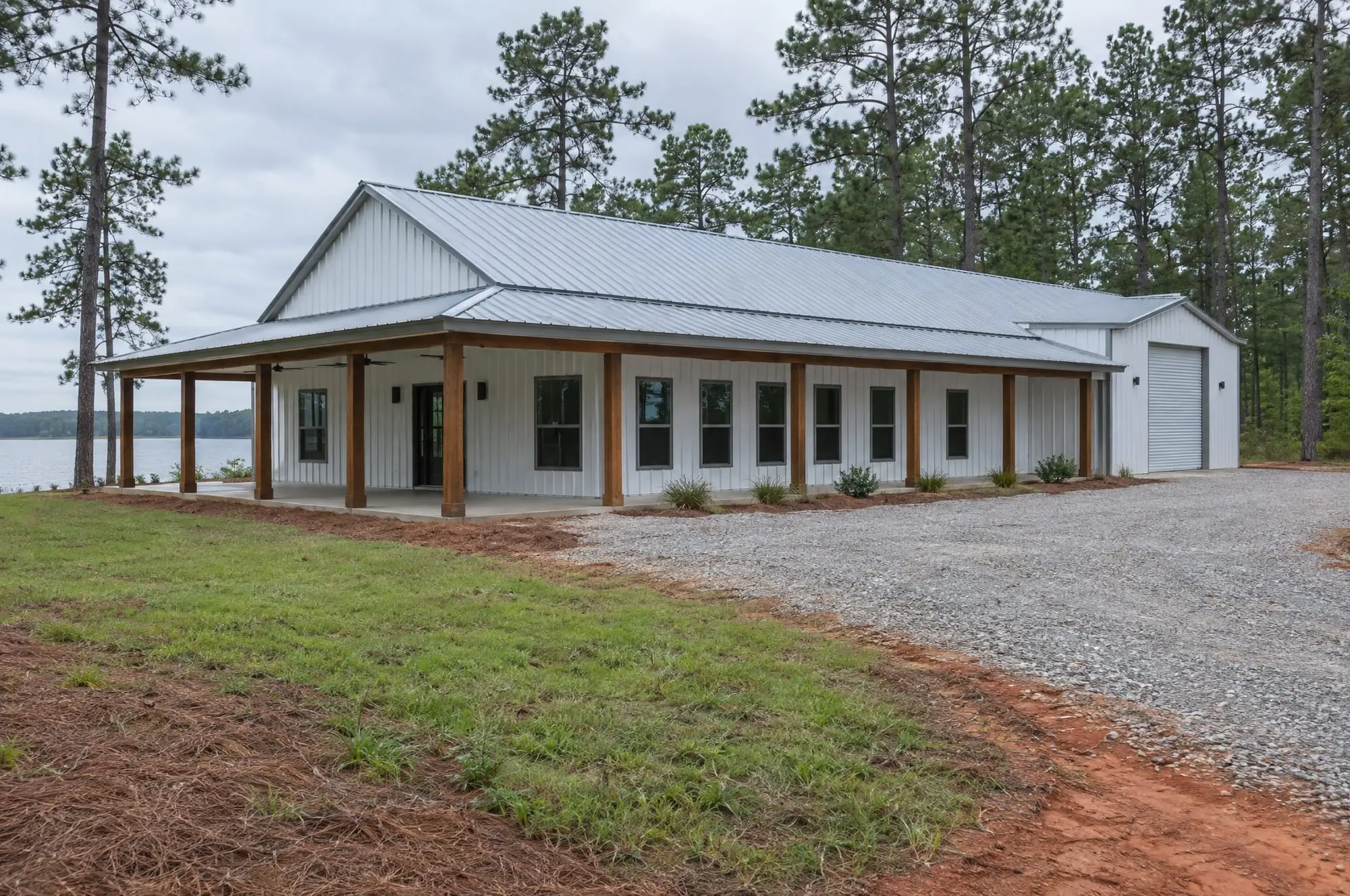 A white barndominium with a wraparound porch on cedar posts and a roll-up shop door at one end, by a lake in the pines