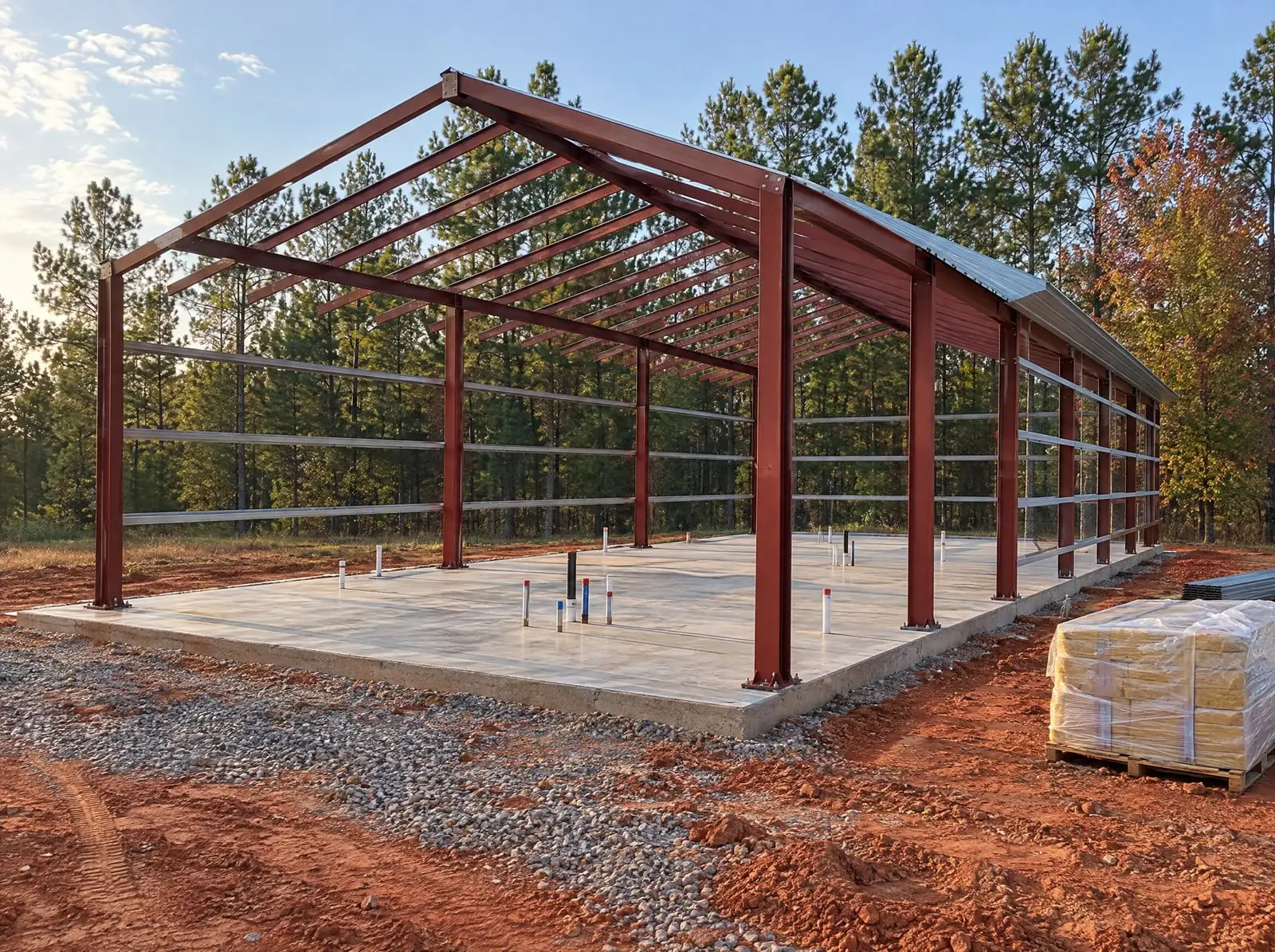 A red-iron steel frame standing on a new slab with plumbing stubs, red clay around it and pines behind