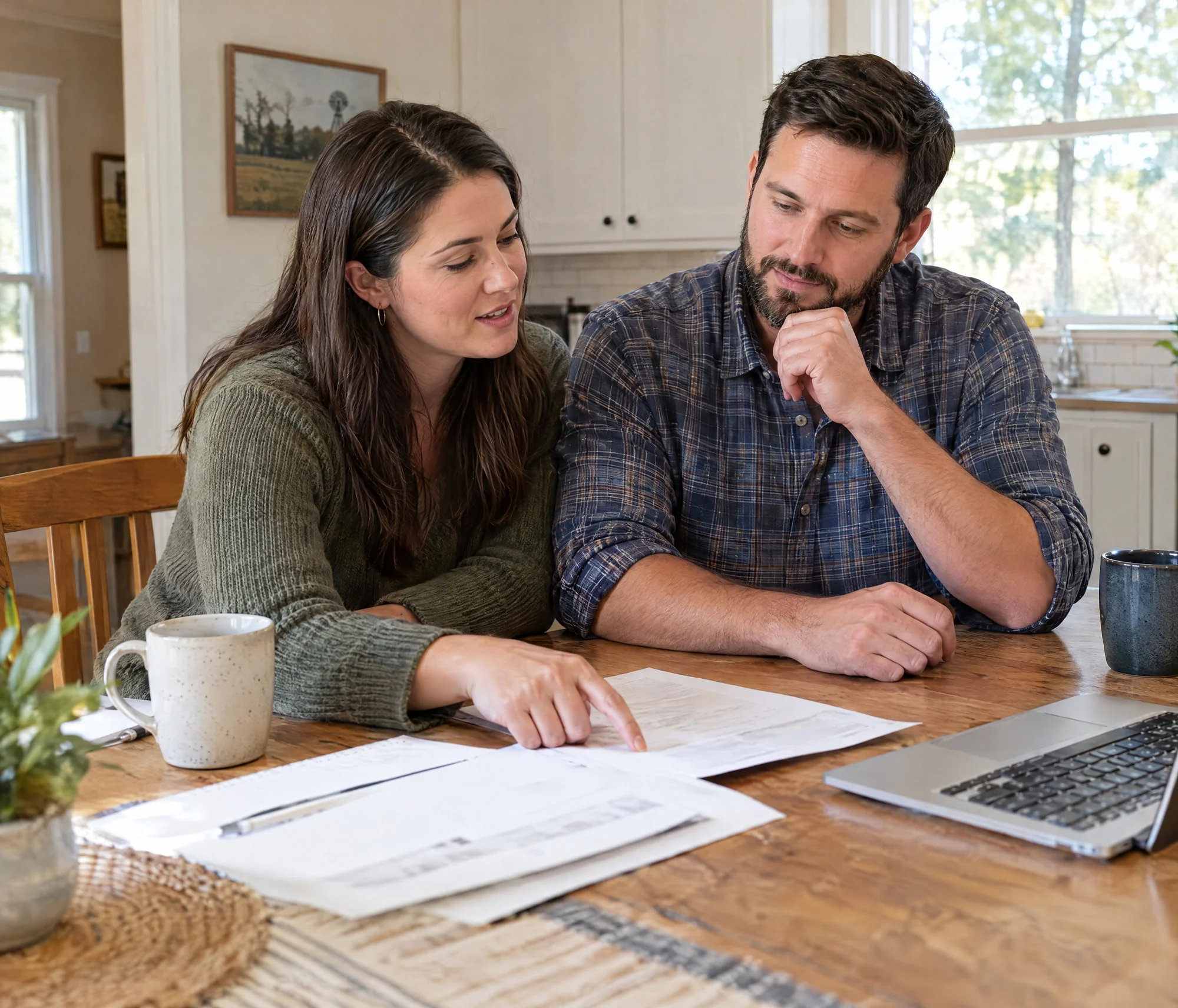 A couple going over papers and a laptop together at their kitchen table