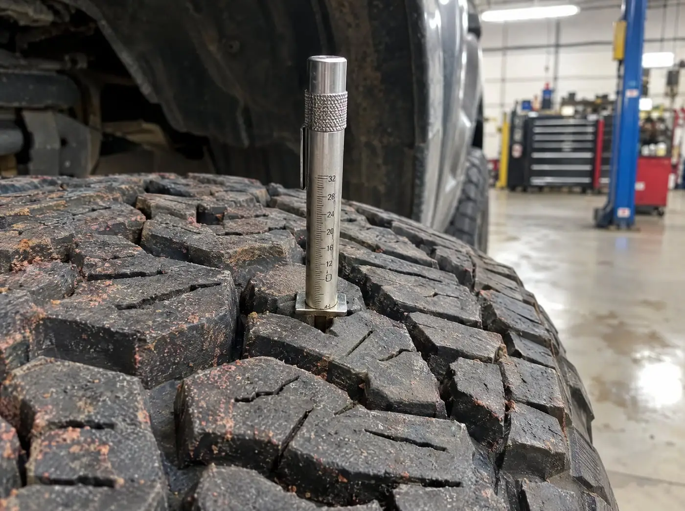A tread depth gauge pushed into an all-terrain tire with plenty of tread left