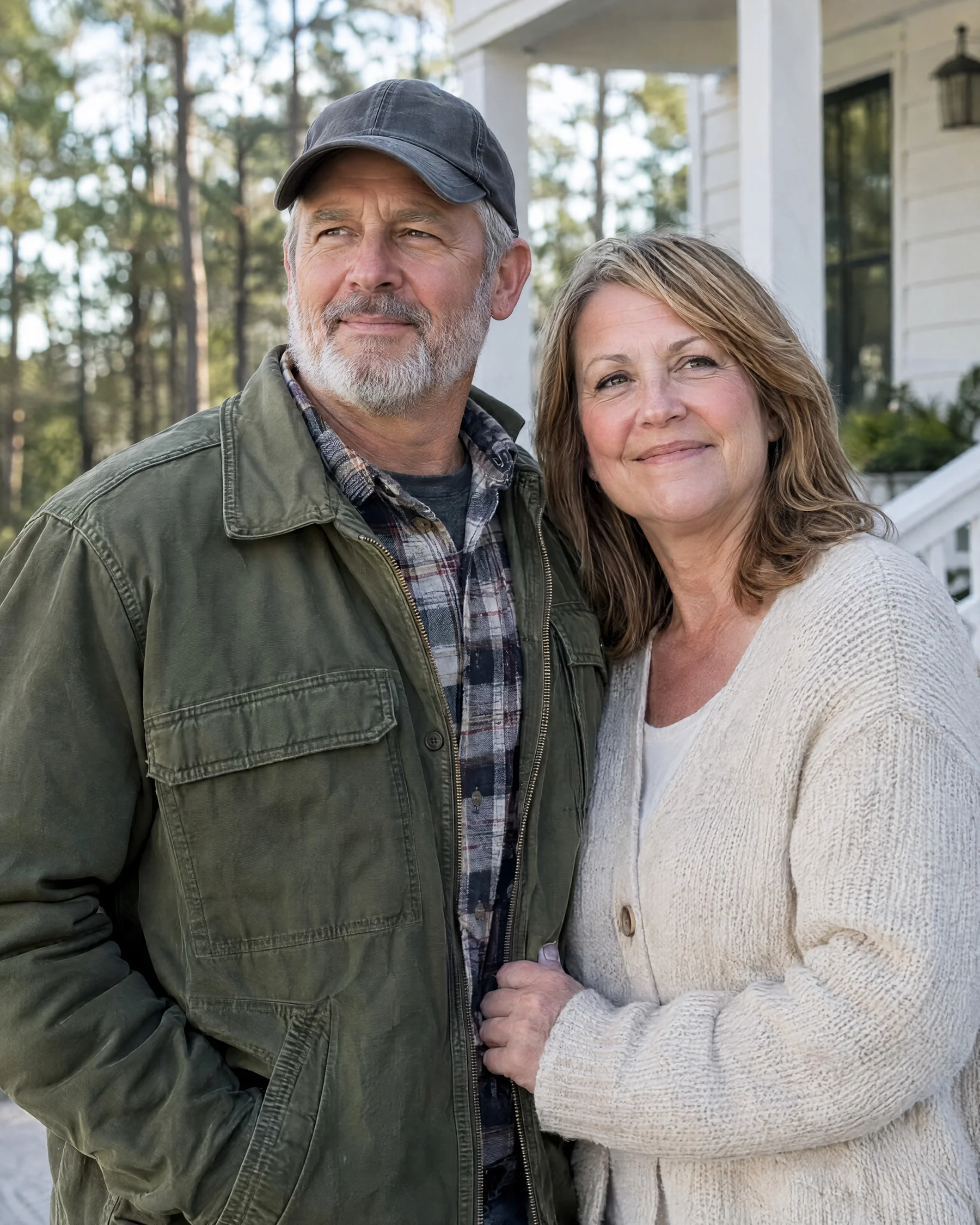 A gray-bearded veteran in an olive field jacket and his wife on their farmhouse porch in the pines