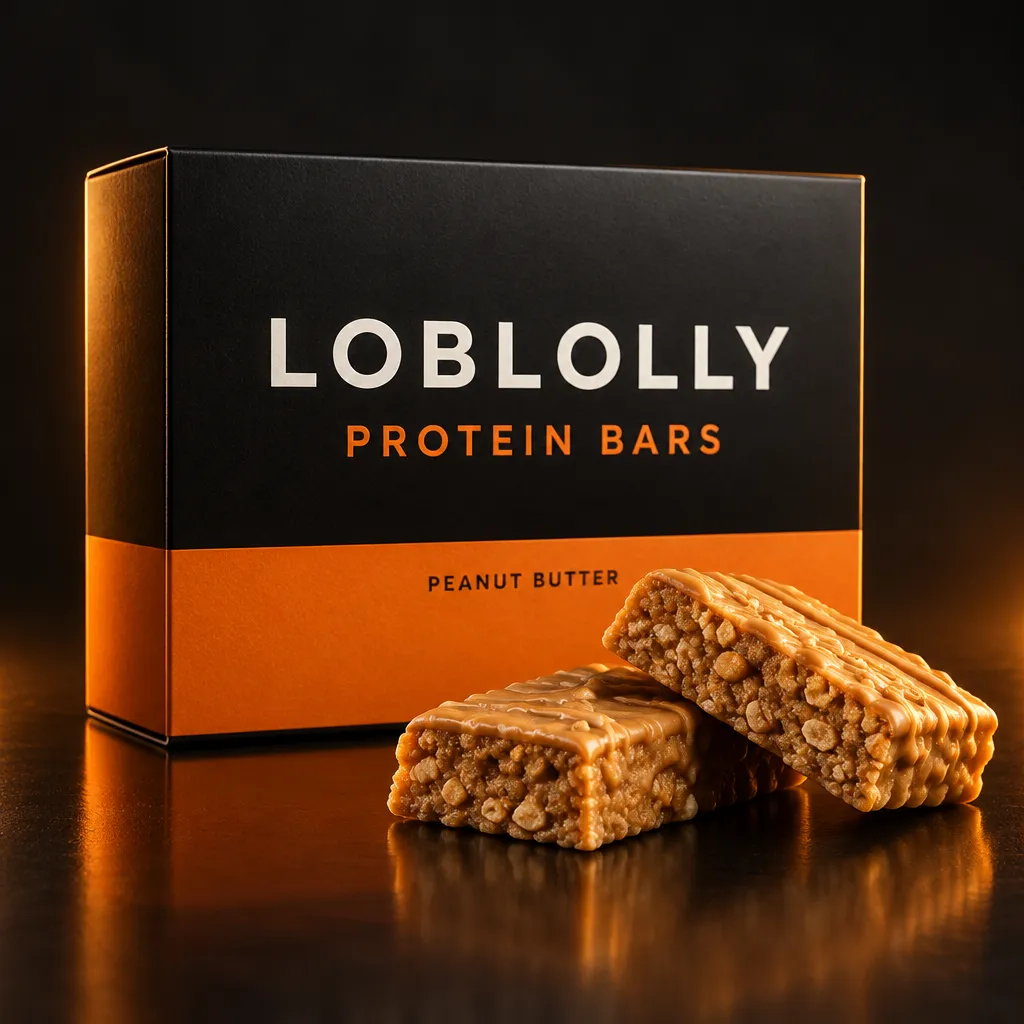 A black and orange box of Loblolly Protein Bars, Peanut Butter, with two bars in front