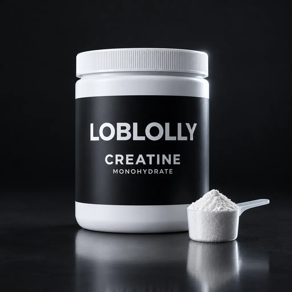 A white tub with a black label: Loblolly Creatine, with a scoop of powder