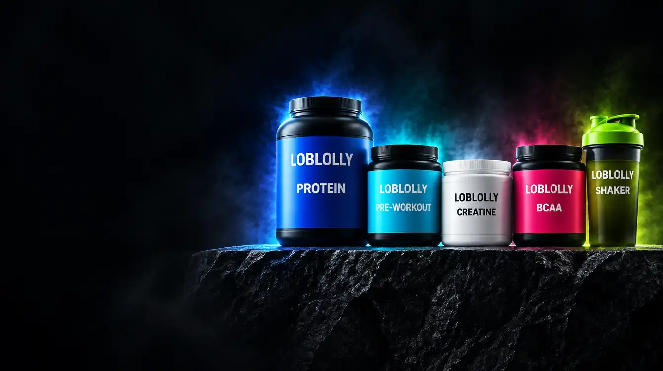The Loblolly lineup on a dark stone ledge: protein, pre-workout, creatine, and a shaker, each lit in its own color