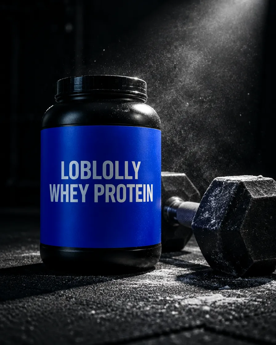 A Loblolly whey protein tub beside a dumbbell, chalk dust in a spotlight