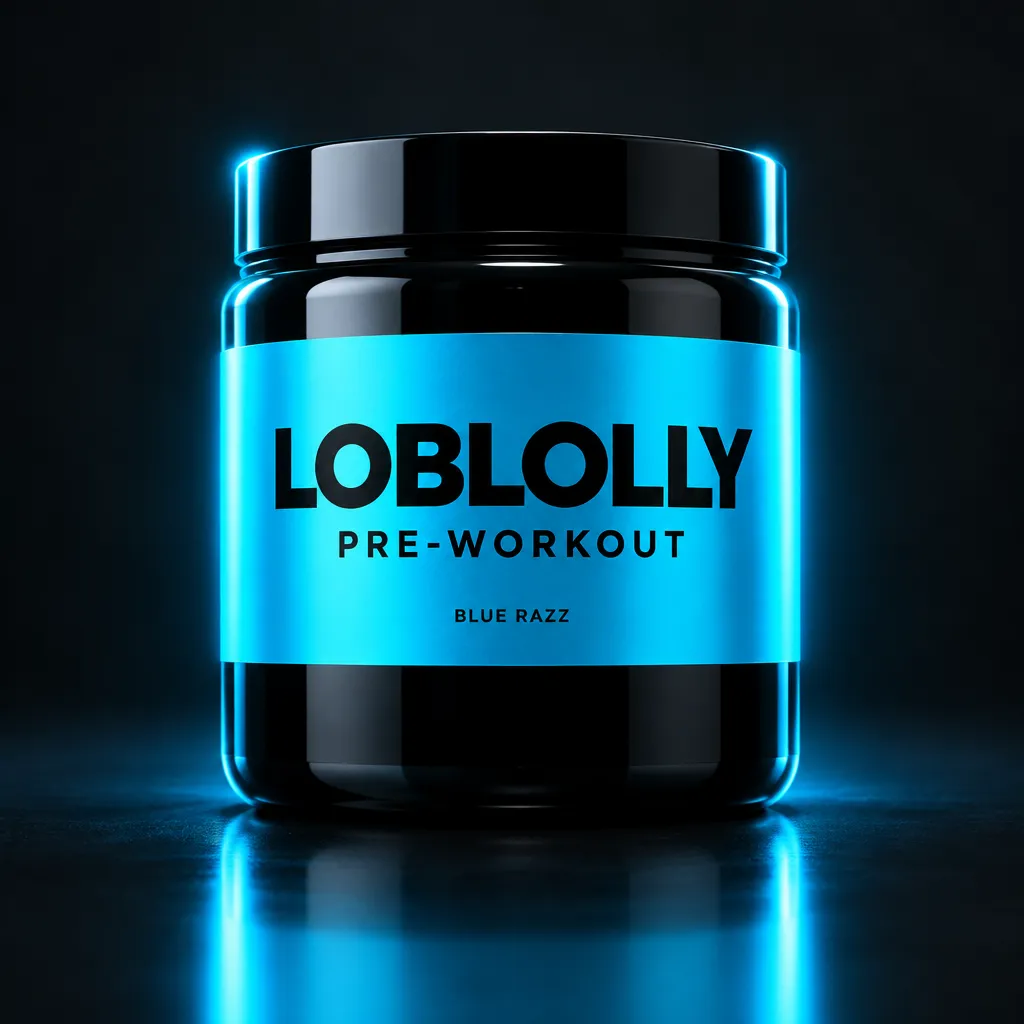 A black tub with a cyan label: Loblolly Pre-Workout, Blue Razz