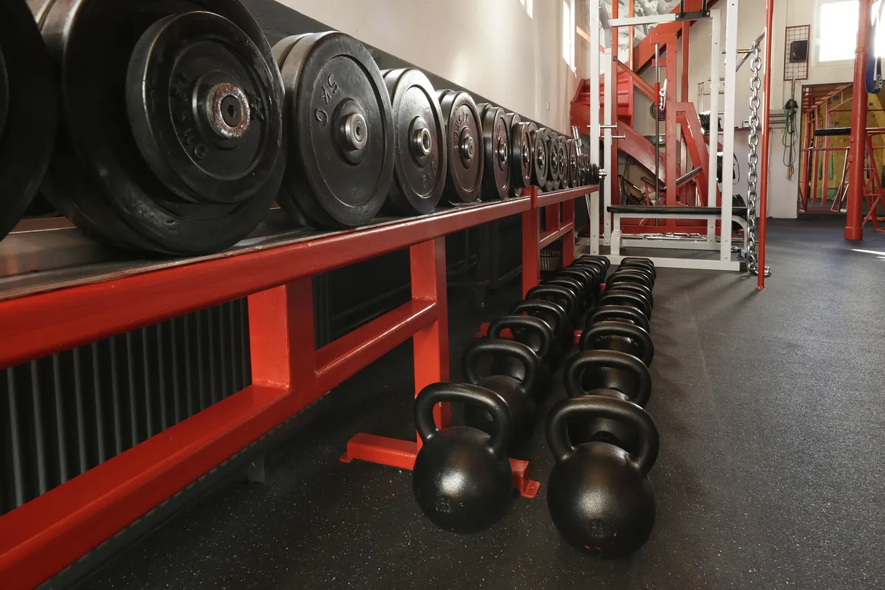 Kettlebells lined up under a rack of black bumper plates