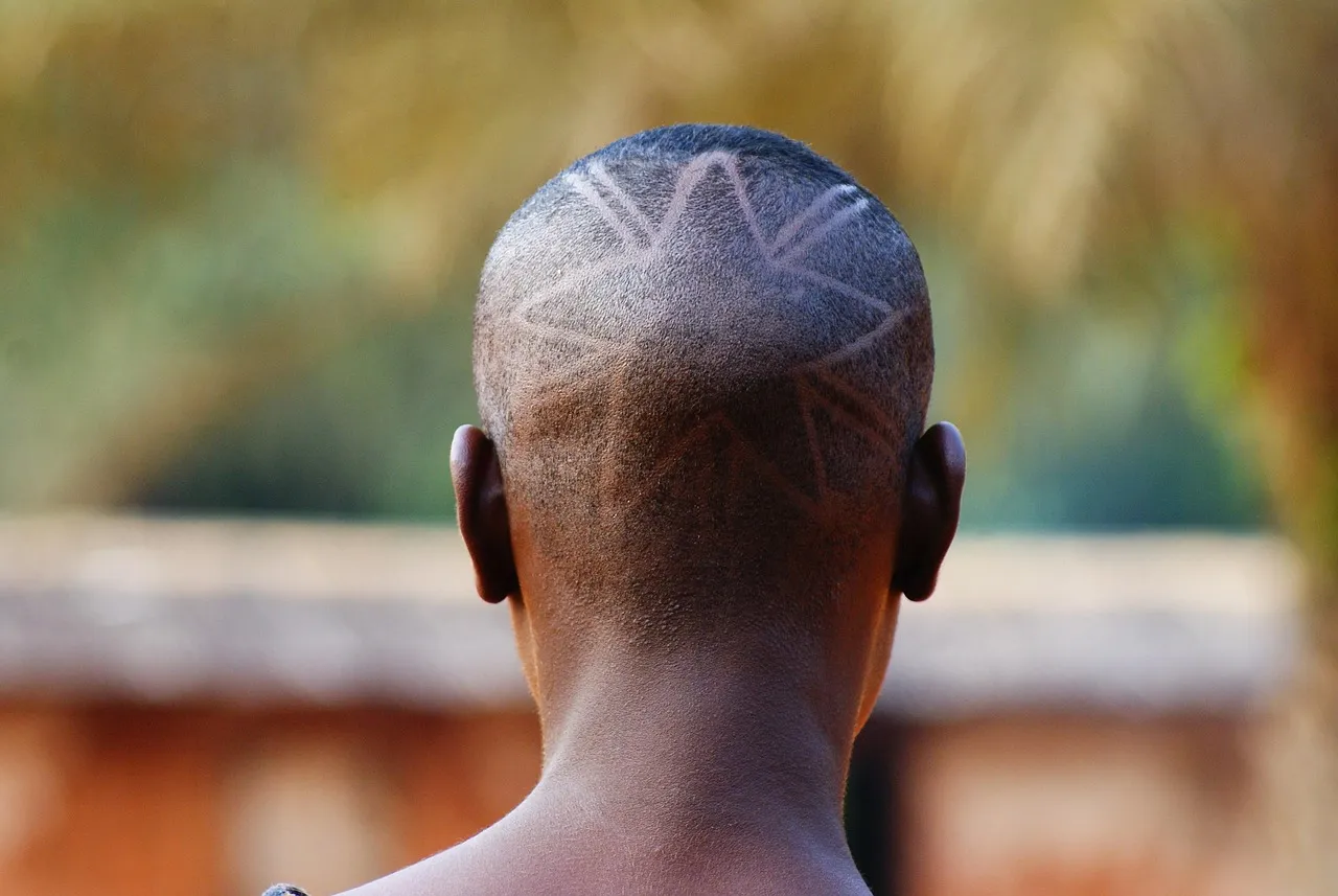 The back of a client's head with a line design cut into a short fade