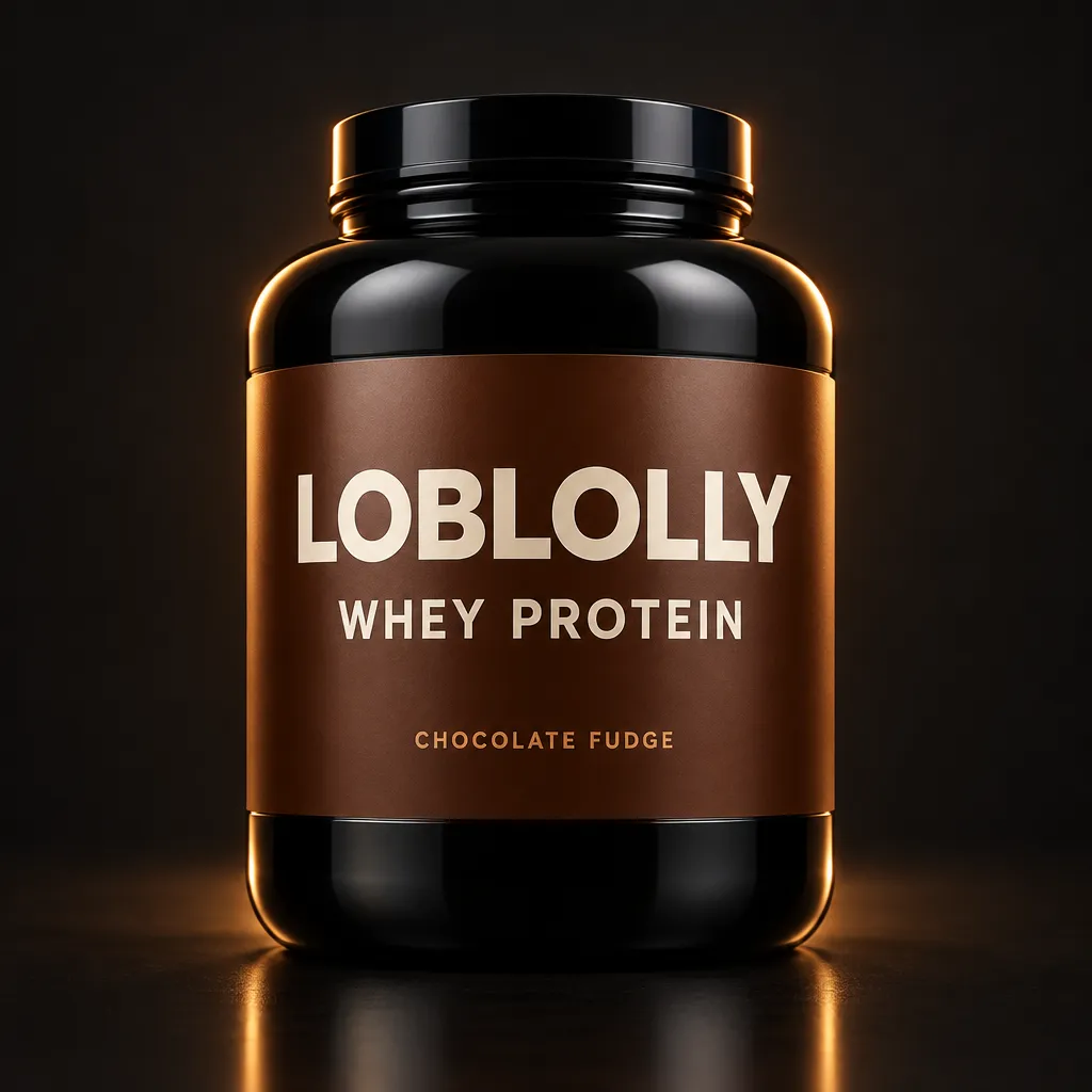 A black tub with a brown label: Loblolly Whey Protein, Chocolate Fudge